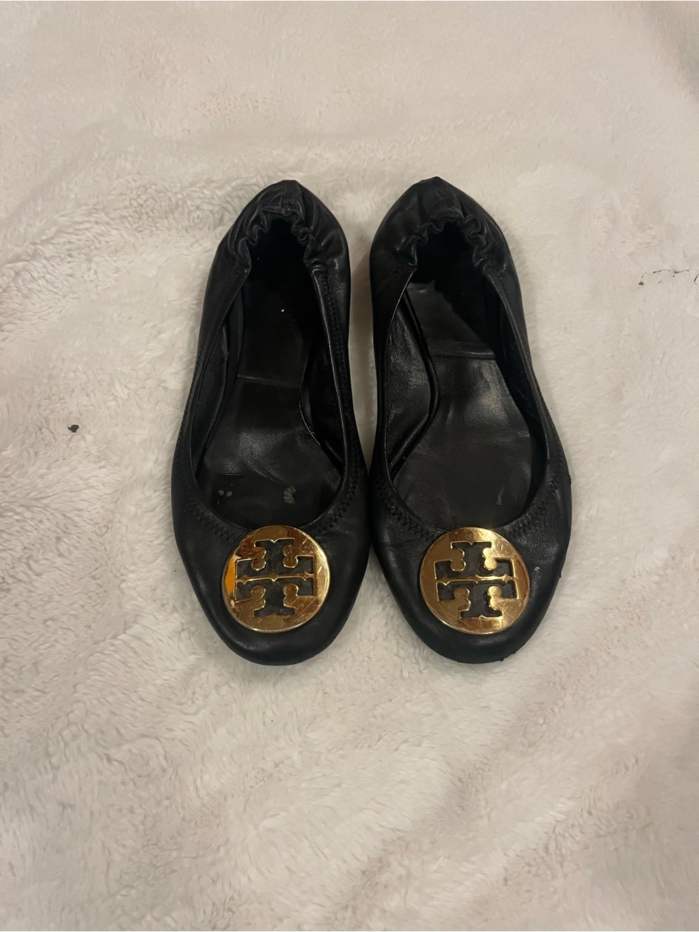 Tory Burch Black Leather Flats with Gold Logo Medallion